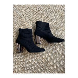 faux suede chunky metallic heel ankle boots